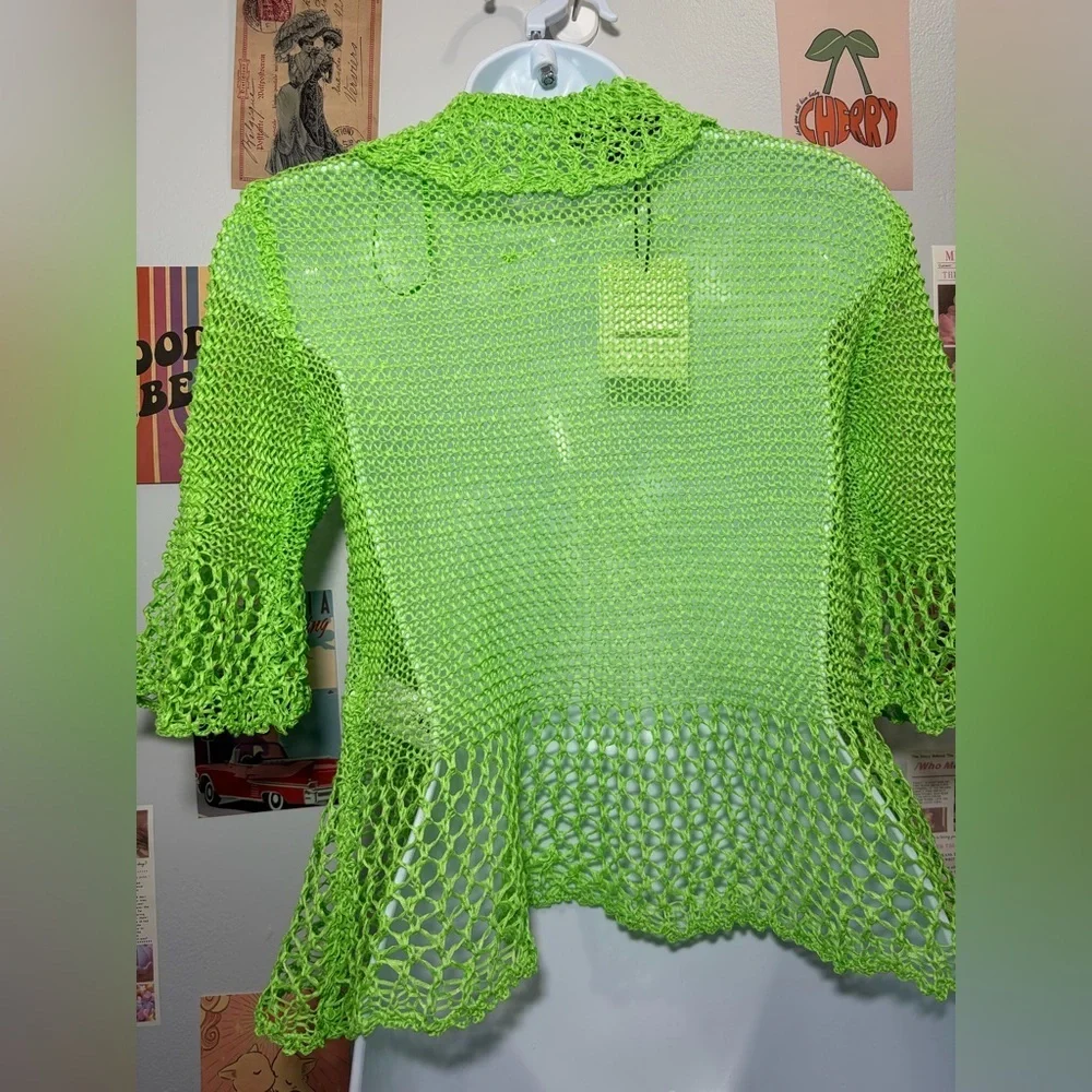 Zara Bright Lime Green Crochet Button-Up Cardigan